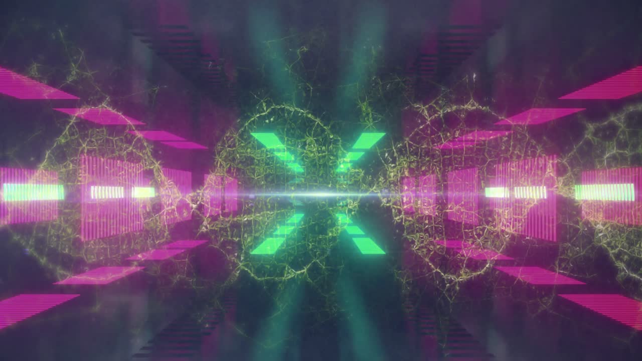 animación de luces de neón que se mueven sobre ondas sobre un fondo negro y verde