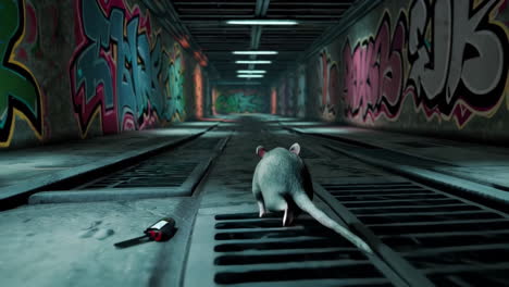 rat in a graffiti-covered underground tunnel