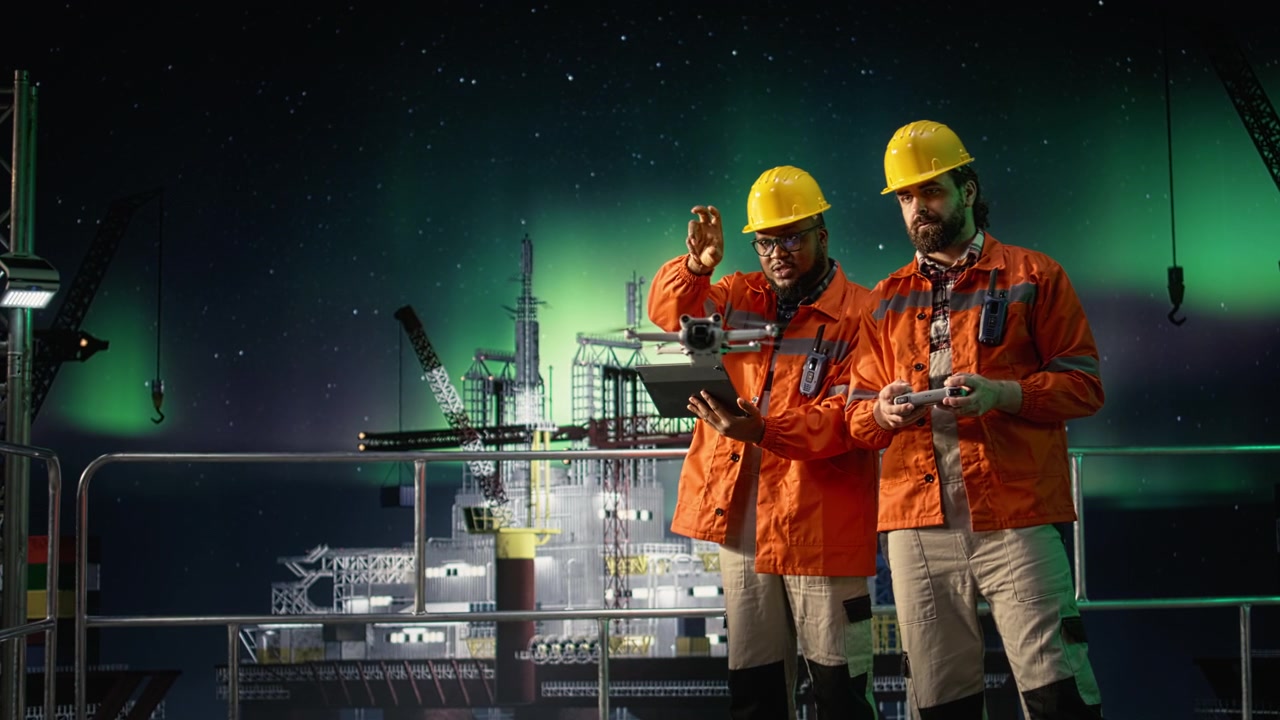 Omgår blokader for søtransport, drone og ingeniør på dækket af en offshore-boreplatform