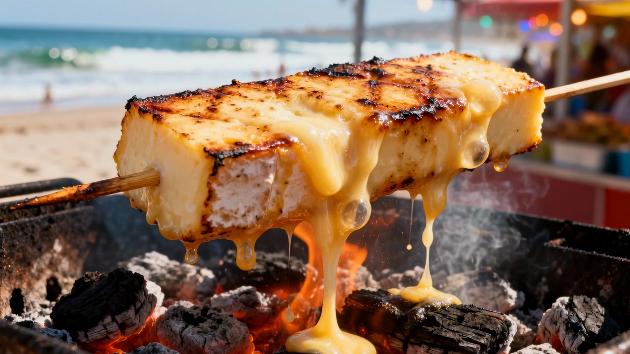 Glowing coals heating cheese block on skewer, bubbling, dripping, smoking near beach stalls