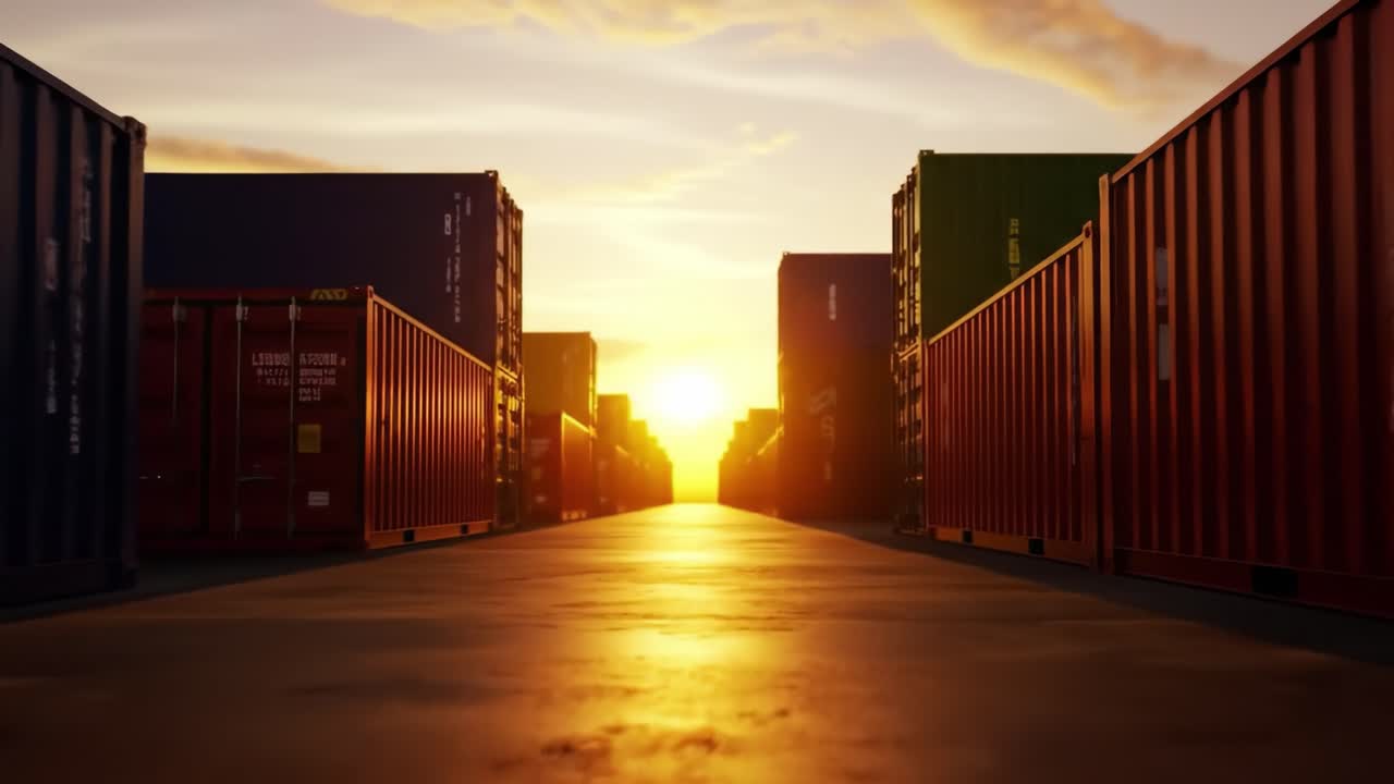As the sun sets behind a row of shipping containers, vibrant colors fill the sky. This industrial scene captures the essence of port life, showcasing logistics and transportation at dusk.