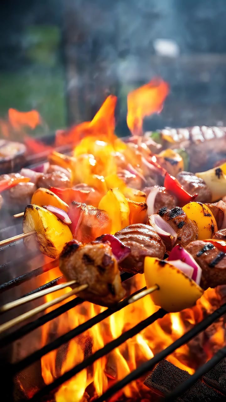 Primo piano di spiedini saporiti di carne e verdure che grigliano su fiamme vive