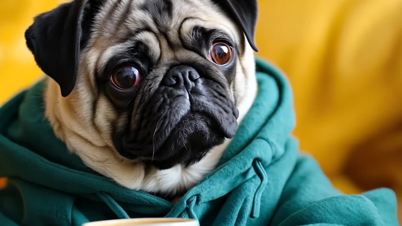un perro pug envuelto en una manta verde sosteniendo una taza de café