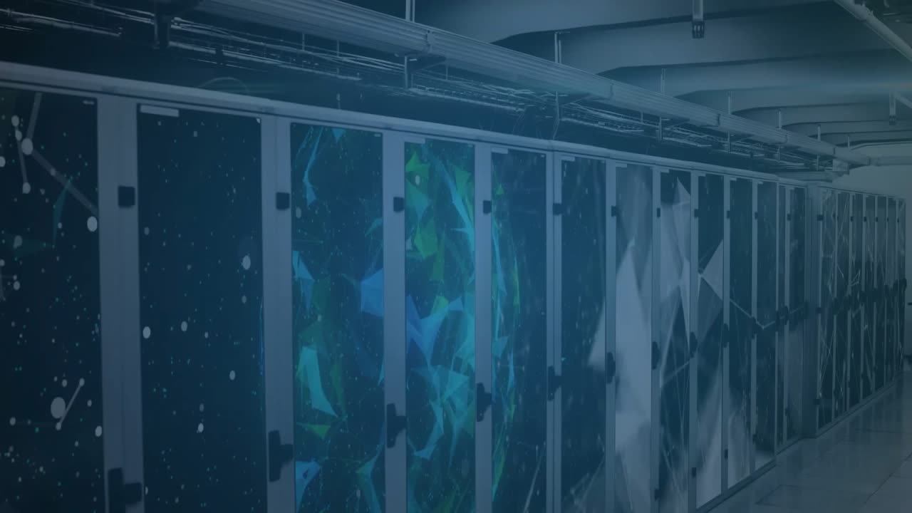 Animation of cloud and padlock icons with network of connections over server room