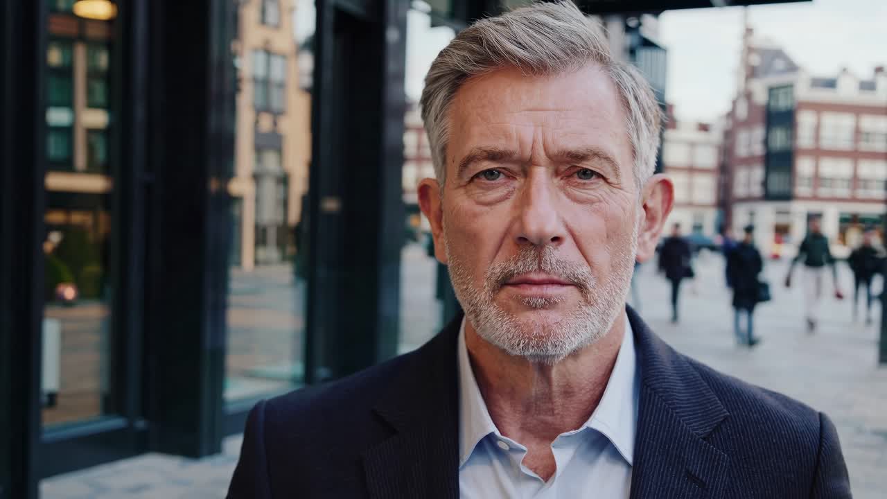 retrato de un hombre de negocios maduro y confiado en un traje, de pie frente a un moderno edificio de oficinas, que irradia profesionalismo y éxito en el mundo corporativo