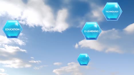 animación de texto educativo y de aprendizaje en hexágonos azules sobre nubes en cielo azul