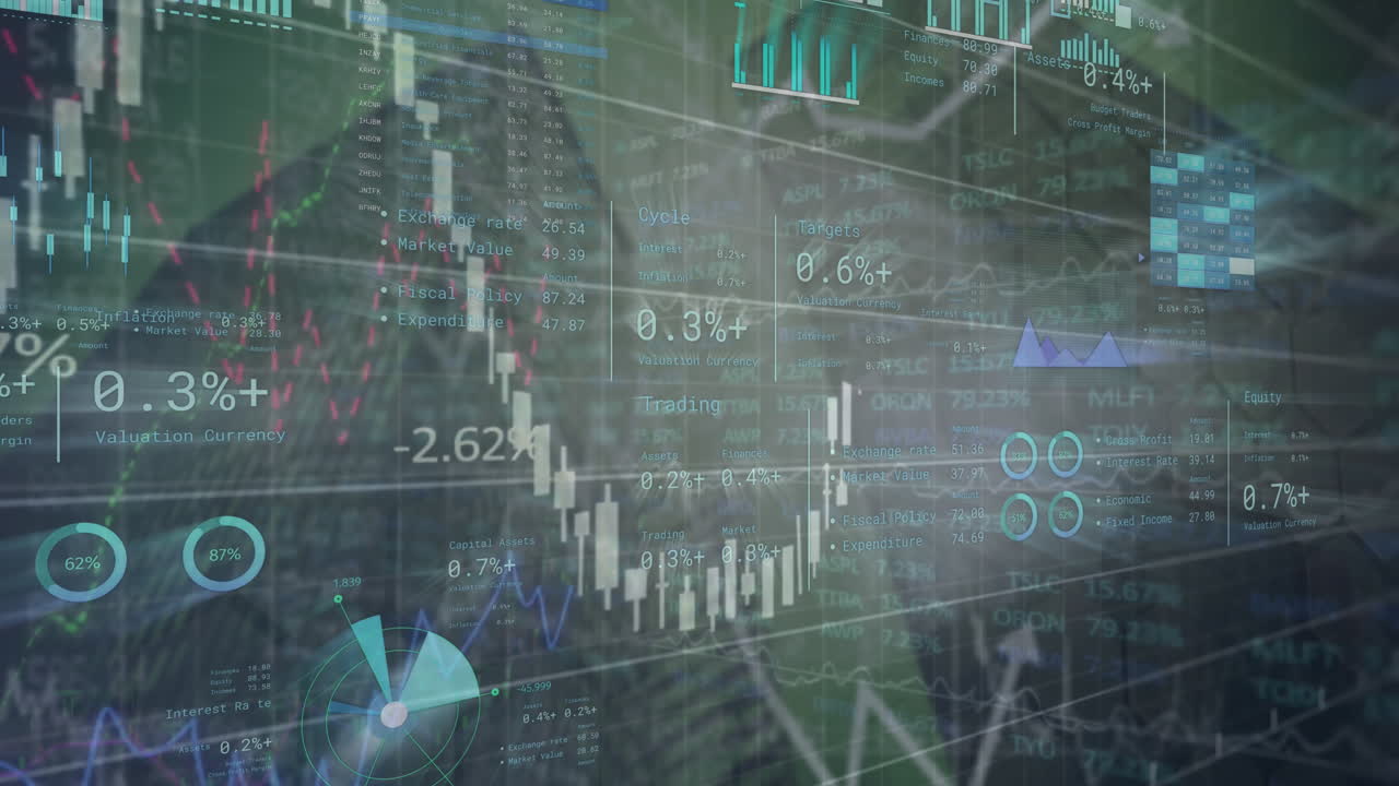 Animation of financial data processing over cityscape