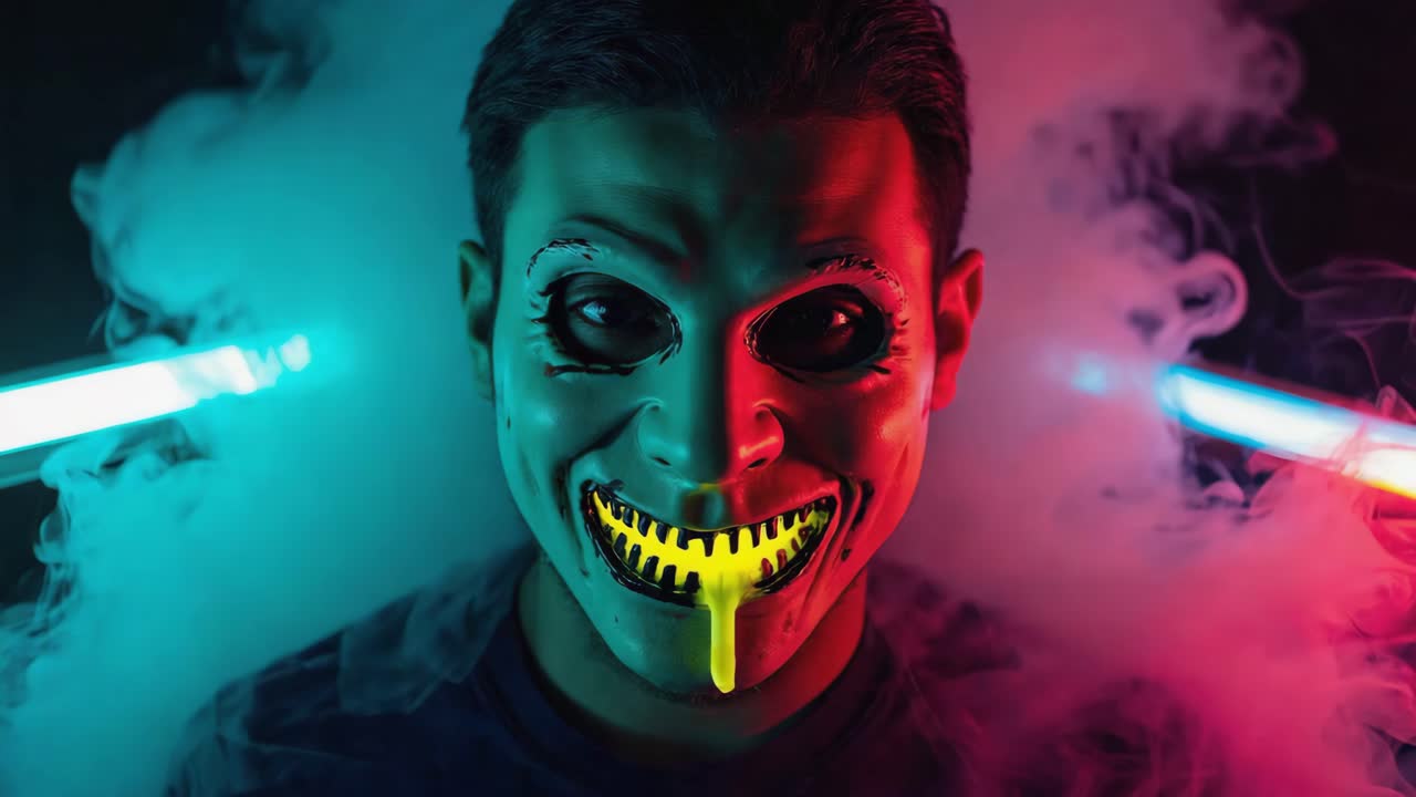 Creepy Mask with Glowing Teeth and Dripping Liquid in Neon Smoke