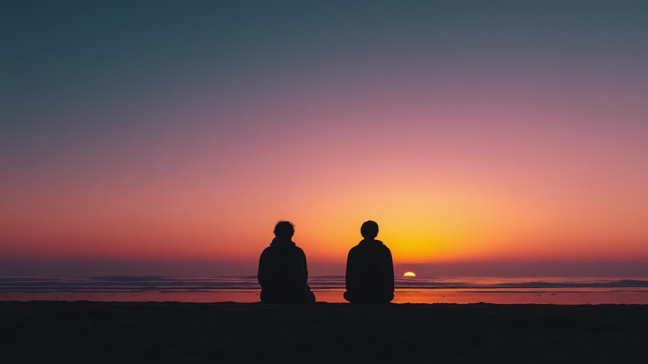 Serene Moments: Two Silhouettes Gazing at a Breathtaking Sunset on the Beach, Embracing the Tranquil Beauty of Nature's Evening Palette