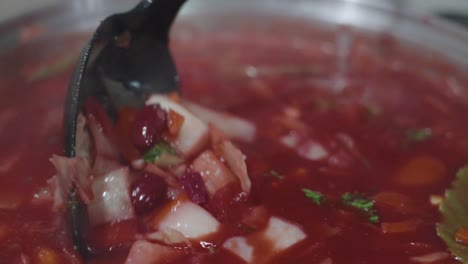 mixing of red soup in bowl borsch in 120 frames per second