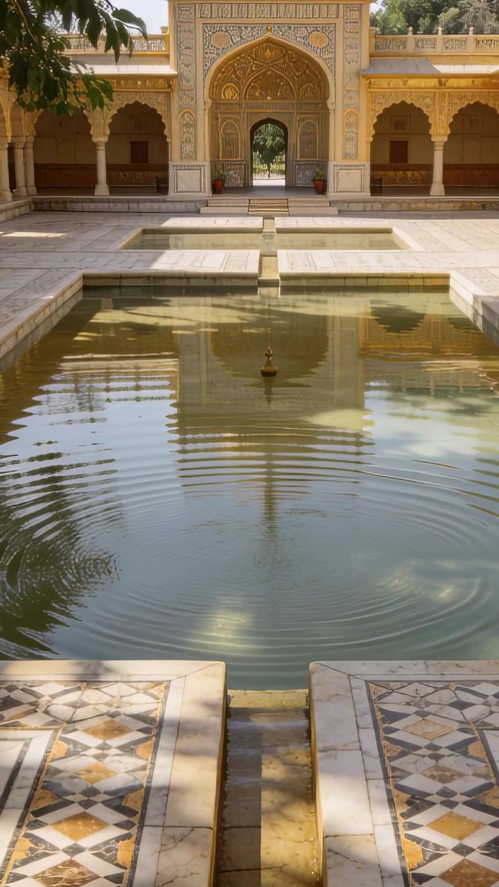 Video verticale: Ugello pulsante che crea increspature sulla piscina in un cortile formale, con piastrelle che riflettono il sole.