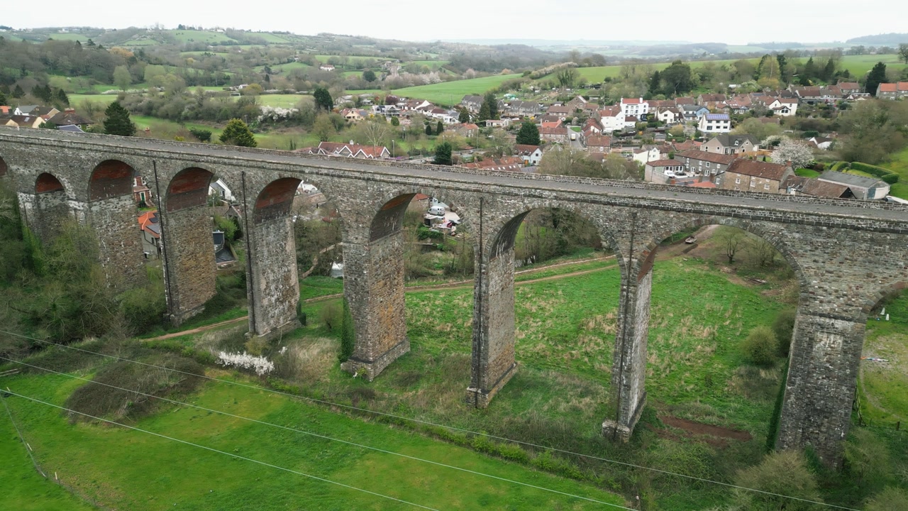 Drone footage of Pensford Viaduct, a disused railway bridge in Somerset, England UK