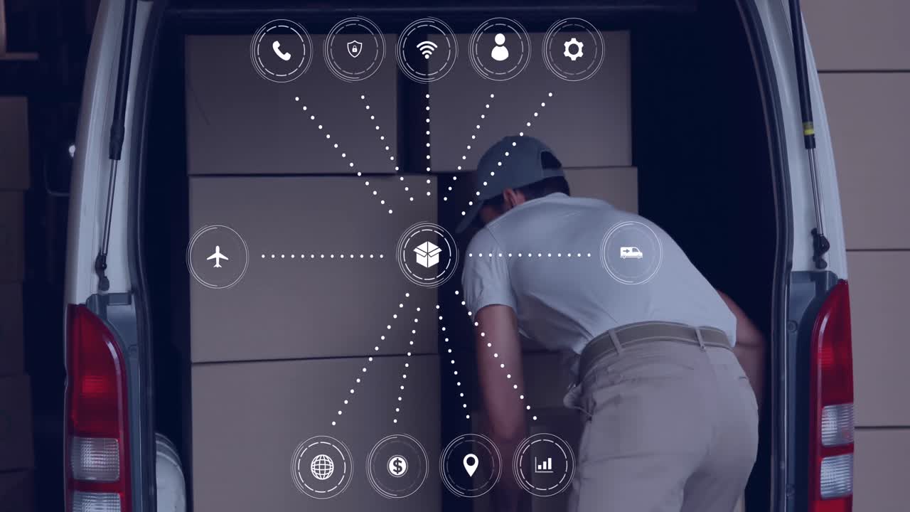animación de procesamiento de datos con iconos sobre mensajero caucásico con cajas