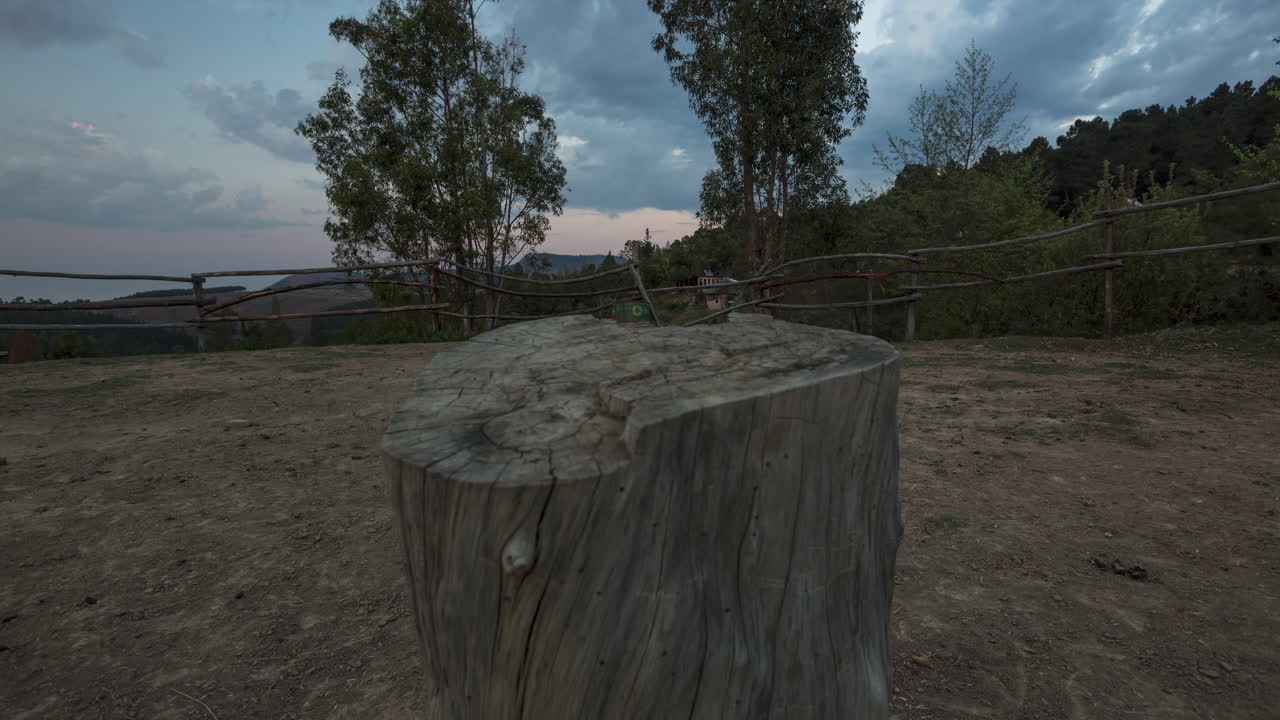 A sunrise motion control time lapse in a forest with clouds moving over the horizon
