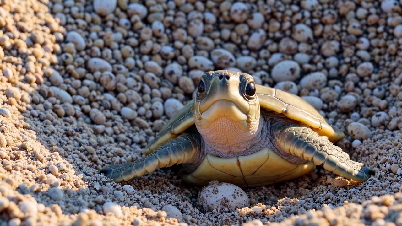 Baby-Meeresschildkröte schlüpft aus dem Nest am Sandstrand