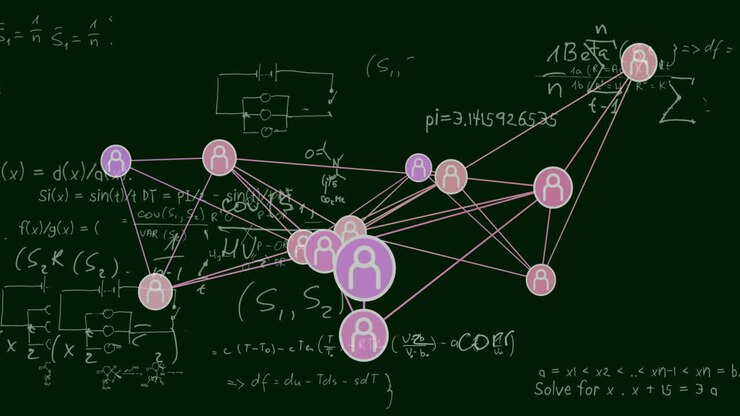 Animation of network of connections with icons over mathematical equations on black background