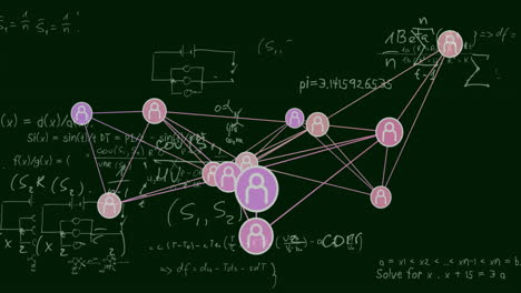 animation of network of connections with icons over mathematical equations on black background