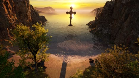 a huge gothic cross on the sea surrounded by large cliffs, a sand beach, grass trees, and a sunset 3d animation high-ground view