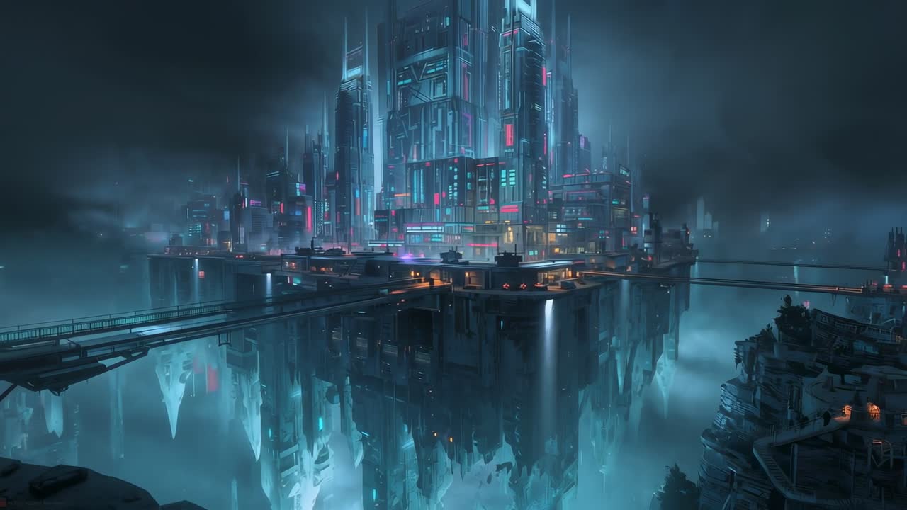 Panning camera revealing massive floating city over foggy chasm, exposing bridges and terraces