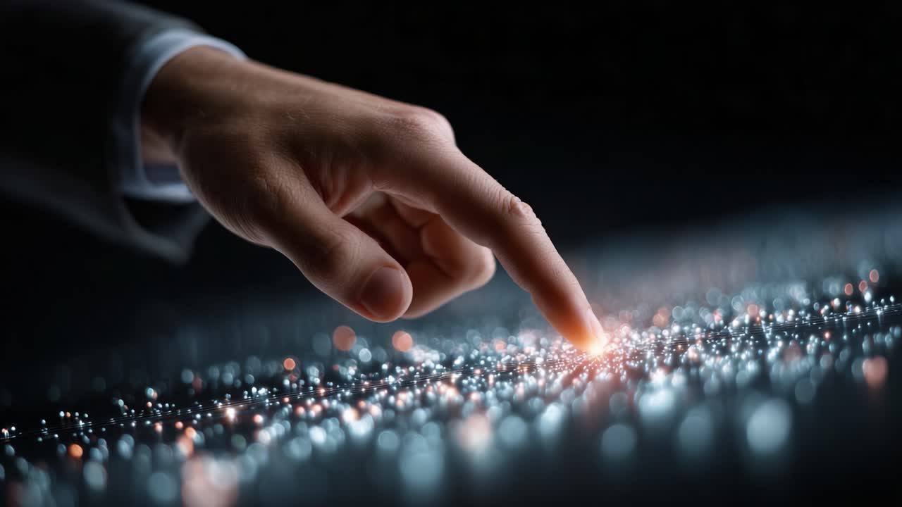 A Delicate Touch: Exploring the Interactivity of Light and Technology Through a Human Finger Connecting with Glowing Particles in a Darkened Environment