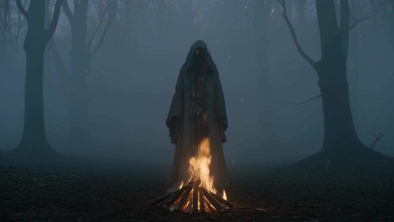 Standing hooded figure watching bonfire flickering, sending embers landing on cloak in misty woods