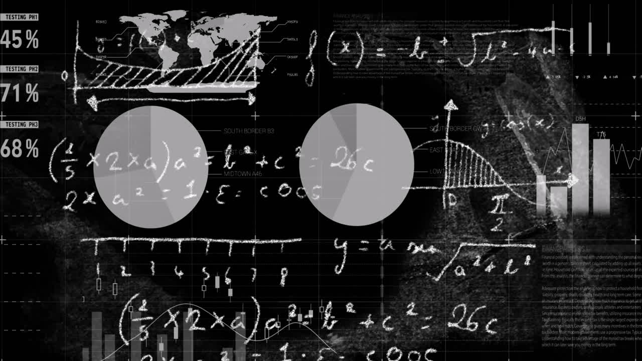 animación del procesamiento de datos financieros sobre fórmulas matemáticas en un fondo oscuro
