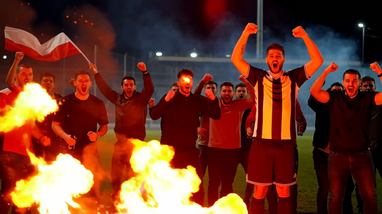 Passionate football fans celebrating with pyrotechnics and fire at night