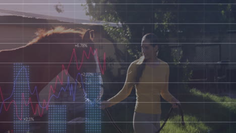 animación de procesamiento de datos financieros sobre mujer caucásica con caballo