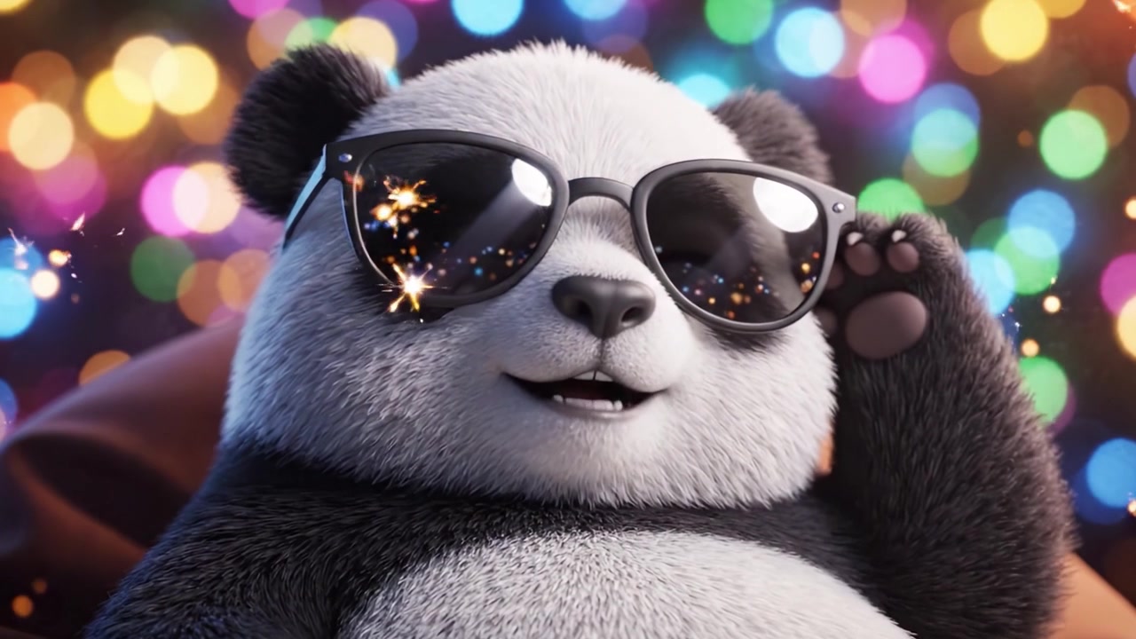 Affascinante Panda Animato con Occhiali da Sole che si Gode uno Sfondo Festivo Pieno di Luci Colorate, Irradiando Gioia e Giocosità in un'Atmosfera Allegra