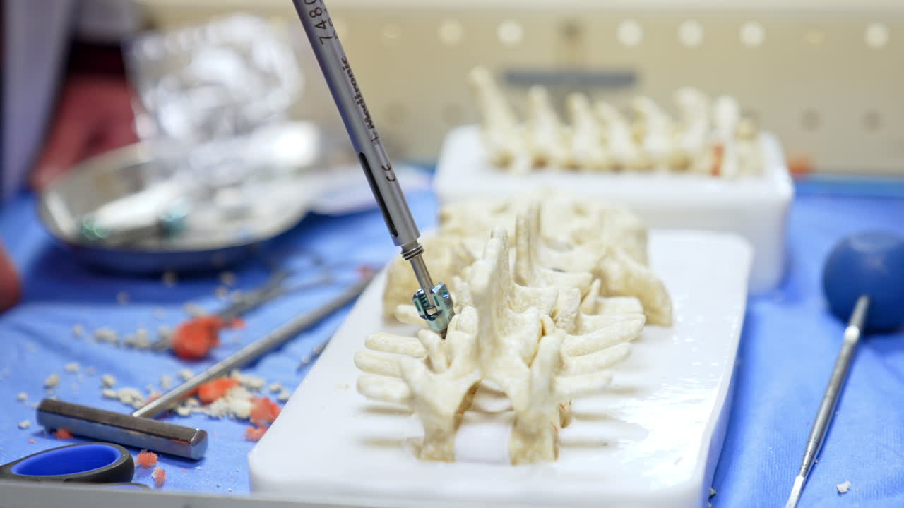 Metal tool screws the medical bolt into a spine model. Male hands extract the instrument with effort. Close up.