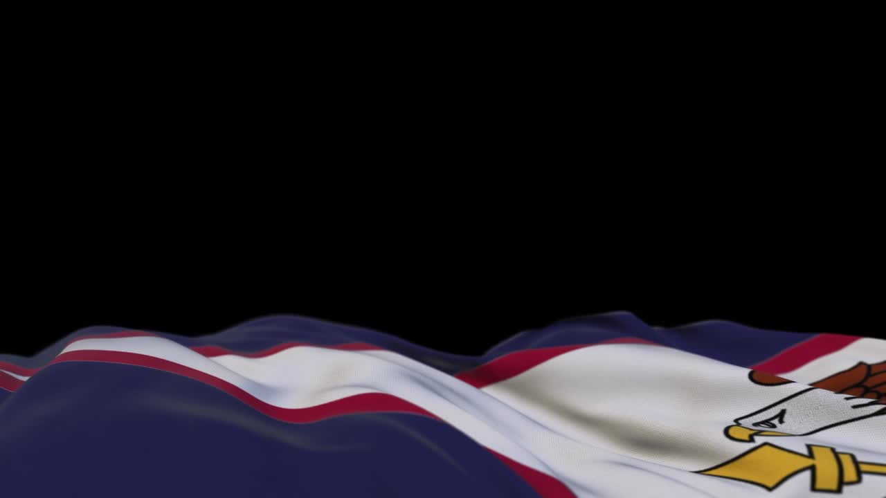 bandera de tela de samoa estadounidense ondeando en el bucle del viento. estandarte de tela cosida bordada de samoa americana balanceándose en la brisa. fondo negro medio lleno. lugar para el texto. bucle de 20 segundos.