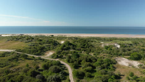 aerial view of a road in the midst of green woods near the coastline of aloha beach in kamperland, netherlands