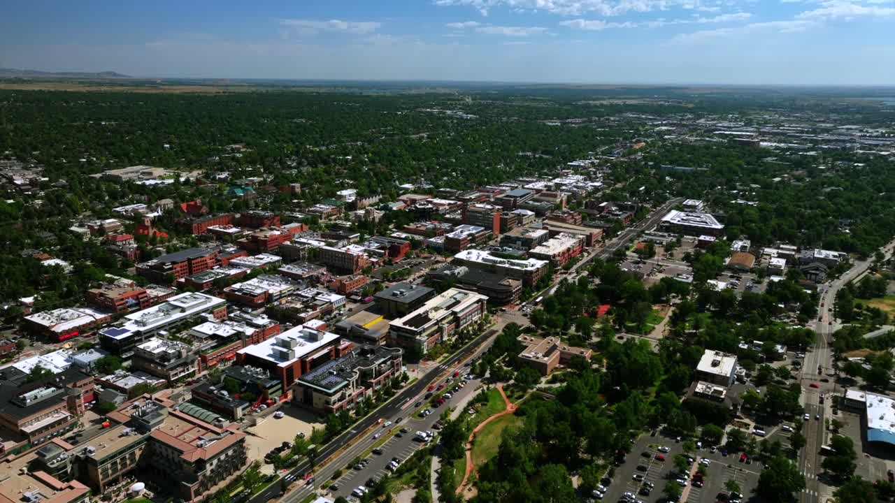 Eben G Fine Park Baseline road Boulder Creek early morning sunrise tube tubing to work day Boulder Colorado aerial drone Pearl Street Mall sunny blue sky car traffic buildings forward down motion