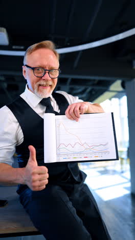 enthusiastic caucasian businessman displaying charts. man in glasses turns the pages up and down gesturing with his thumb. vertical video.