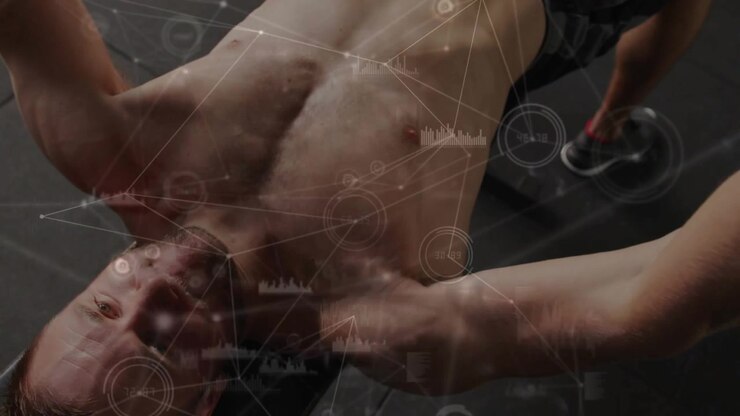 Uomo che inizia con manubri al petto, facendo distensioni su panca, con HUD fitness che traccia le ripetizioni