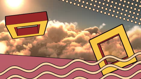 geometric shapes and wavy lines animation over clouds at sunset