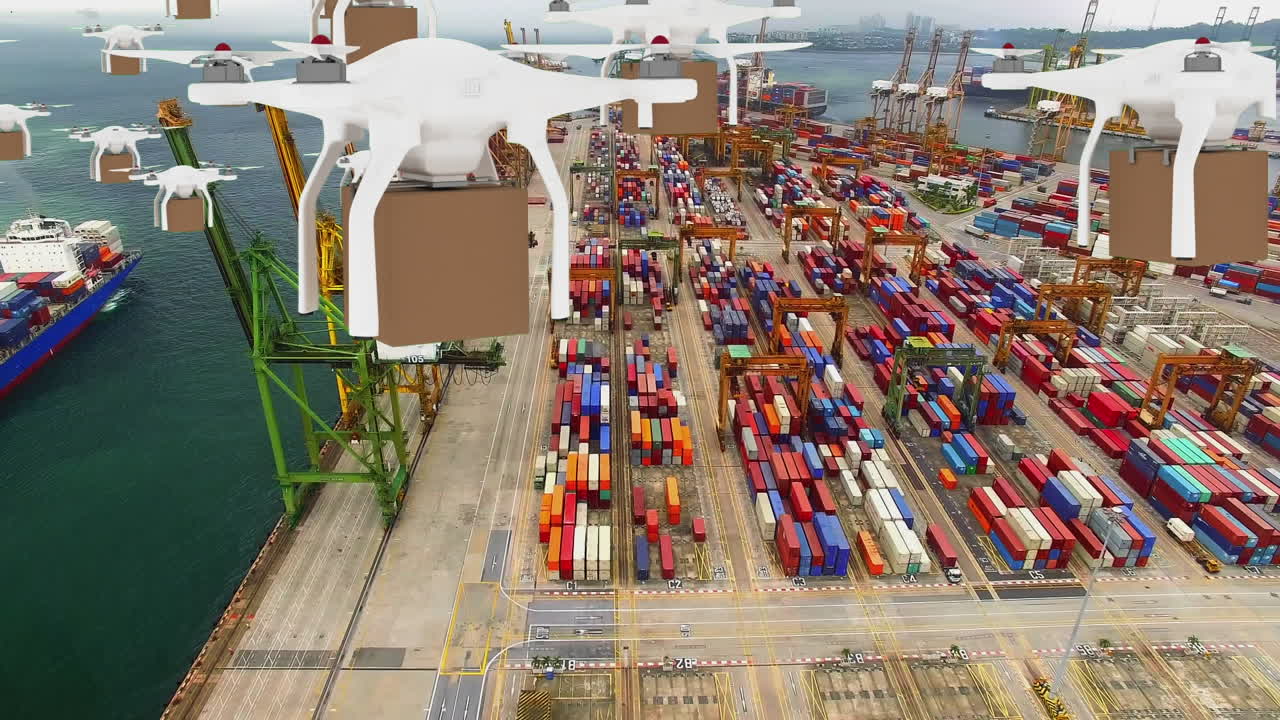 aviones no tripulados volando en un puerto