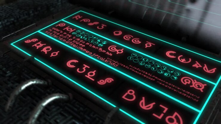 High quality 3D CGI render with fast smooth orbit of alien technology with a reflective screen display showing a display of alien hieroglyphs changing in random sequences