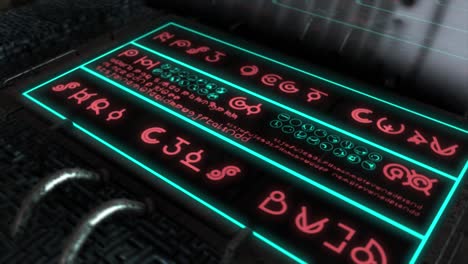 high quality 3d cgi render with fast smooth orbit of alien technology with a reflective screen display showing a display of alien hieroglyphs changing in random sequences