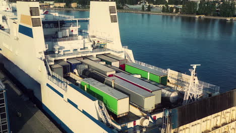 Aerial-view-on-the-top-deck-of-the-sea-ferry-and-parked-trucks