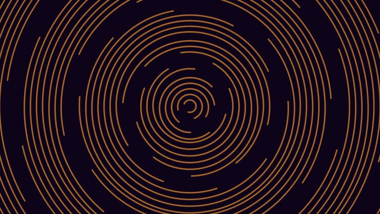 Abstract golden concentric spiral lines rotating on dark background seamless loop