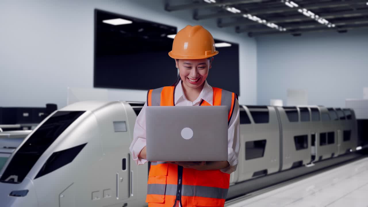 Ingeniera asiática con casco de seguridad trabajando en un portátil de pie, tren futurista de alta velocidad en unas modernas instalaciones de prueba