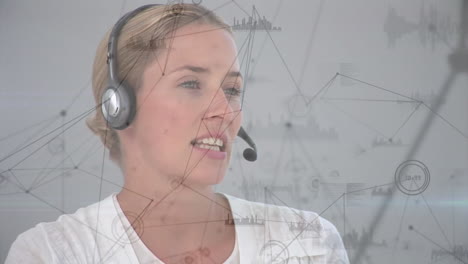 animación de la red de conexiones, estadística sobre mujeres de negocios que usan auriculares telefónicos