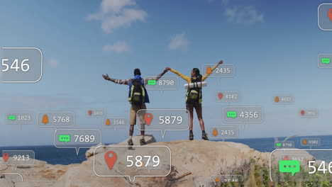 woman and man hiking on coastal cliff, with floating social media badges for marketing
