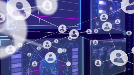 network of connections and data analytics animation over digital screens with graphs