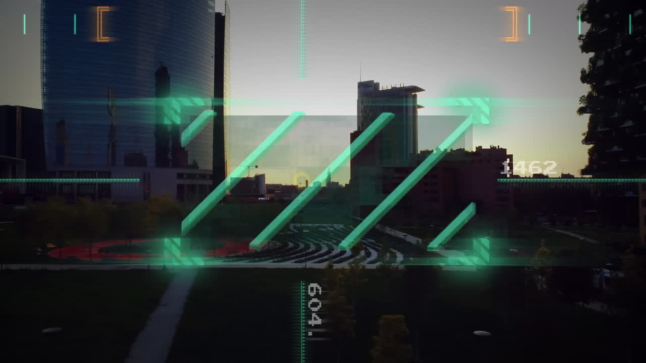 Animazione di uno scanner verde su una vista aerea di un paesaggio urbano