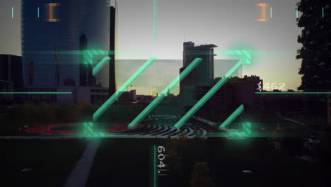 animation of green scanner against aerial view of cityscape