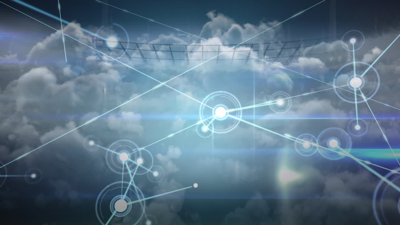 animación de la red de conexiones a través de nubes y estadios deportivos