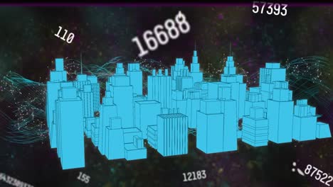 animation of numbers changing and network of connections over 3d cityscape drawing