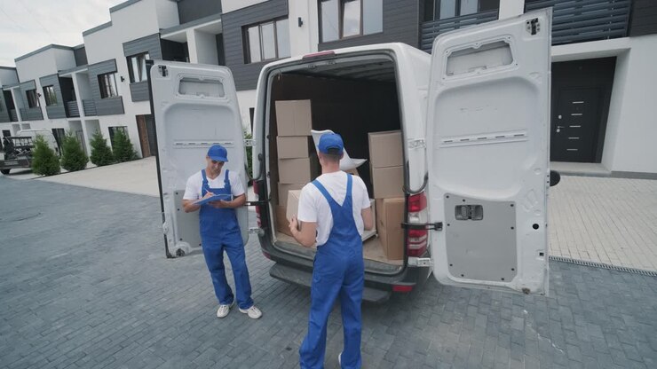Two young workers of removal company are loading boxes and furniture into a minibus